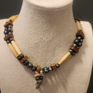 Vintage Brown Leather and Real Silver Beaded Necklace Features Bone Beads.